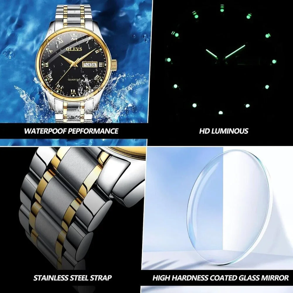 Olevs Men's Steel Black-Surface Waterproof Stainless Luminous Stylish Watch